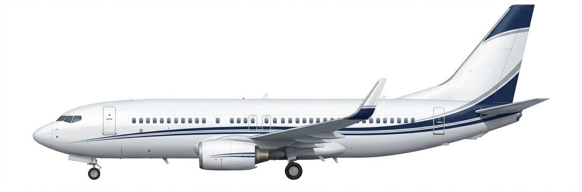 Boeing BBJ (Business Jet) VIP airliner side view — 25-seat 737-based corporate aircraft with 6,200nm range
