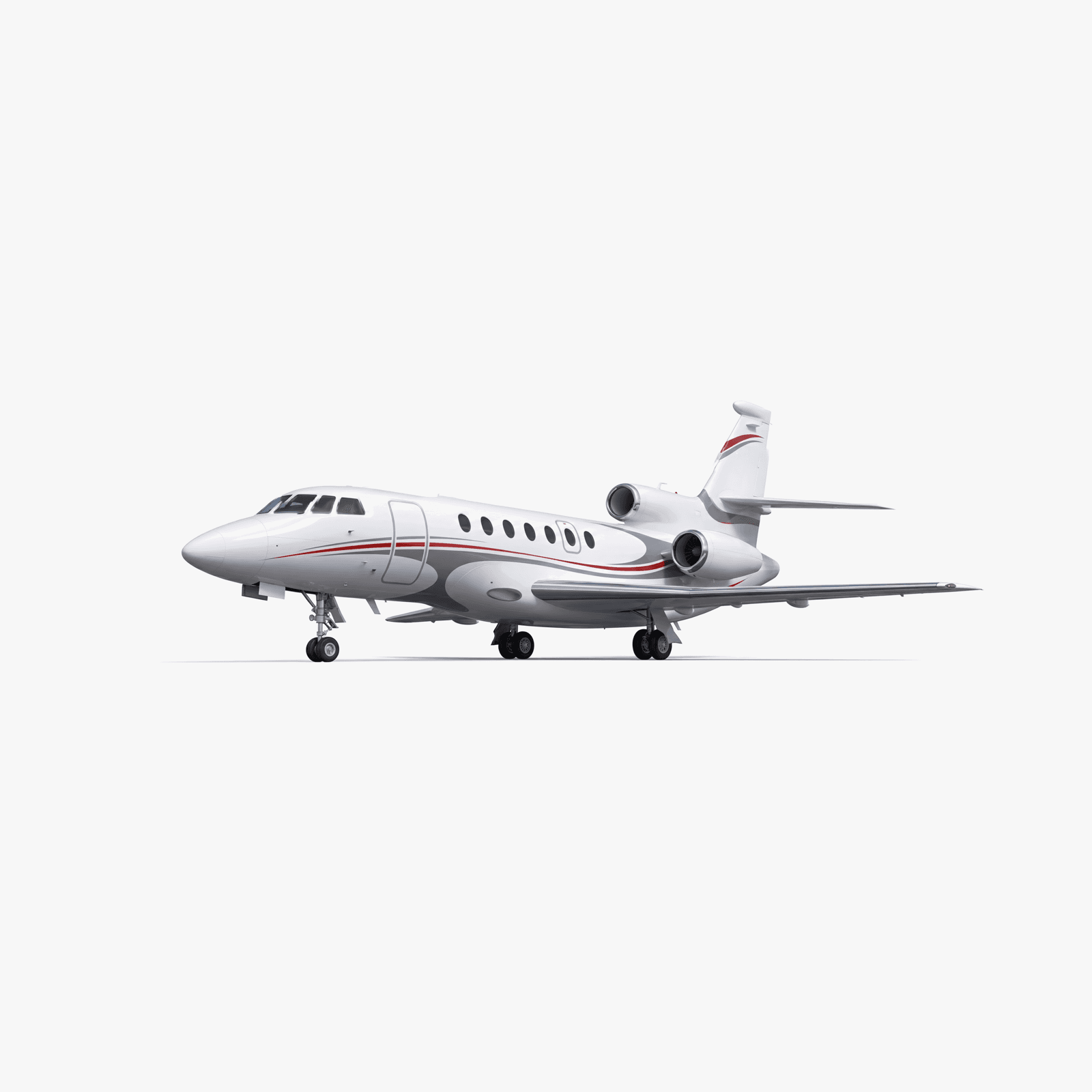 Falcon 50EX三发公务机3D视图,展示三台霍尼韦尔发动机与S形进气道尾部